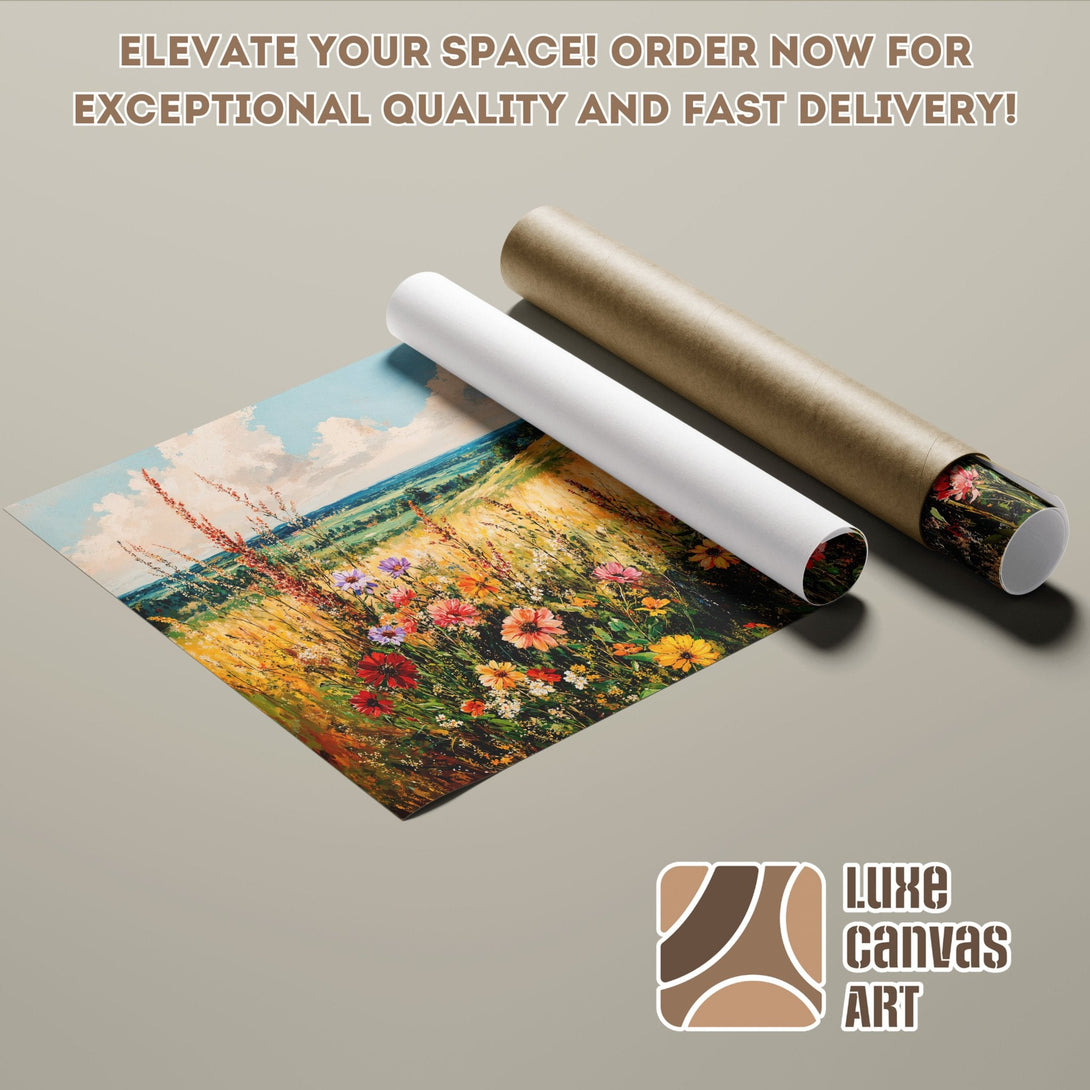 Poster Roll featuring a vibrant floral landscape painting with a warm color palette.