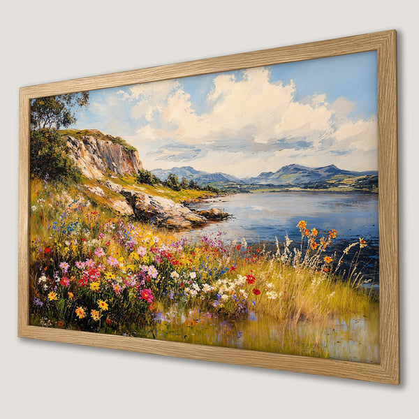 Framed Poster featuring a vibrant landscape painting with colorful wildflowers, blue sky, and mountains. Warm color palette.