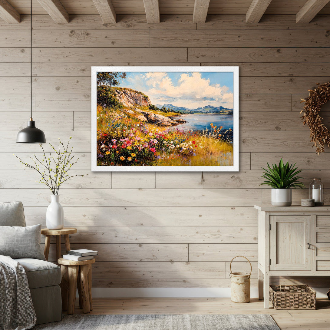 Framed Poster of a vibrant landscape painting with colorful wildflowers and a serene lake, warm tones. Perfect wall art!