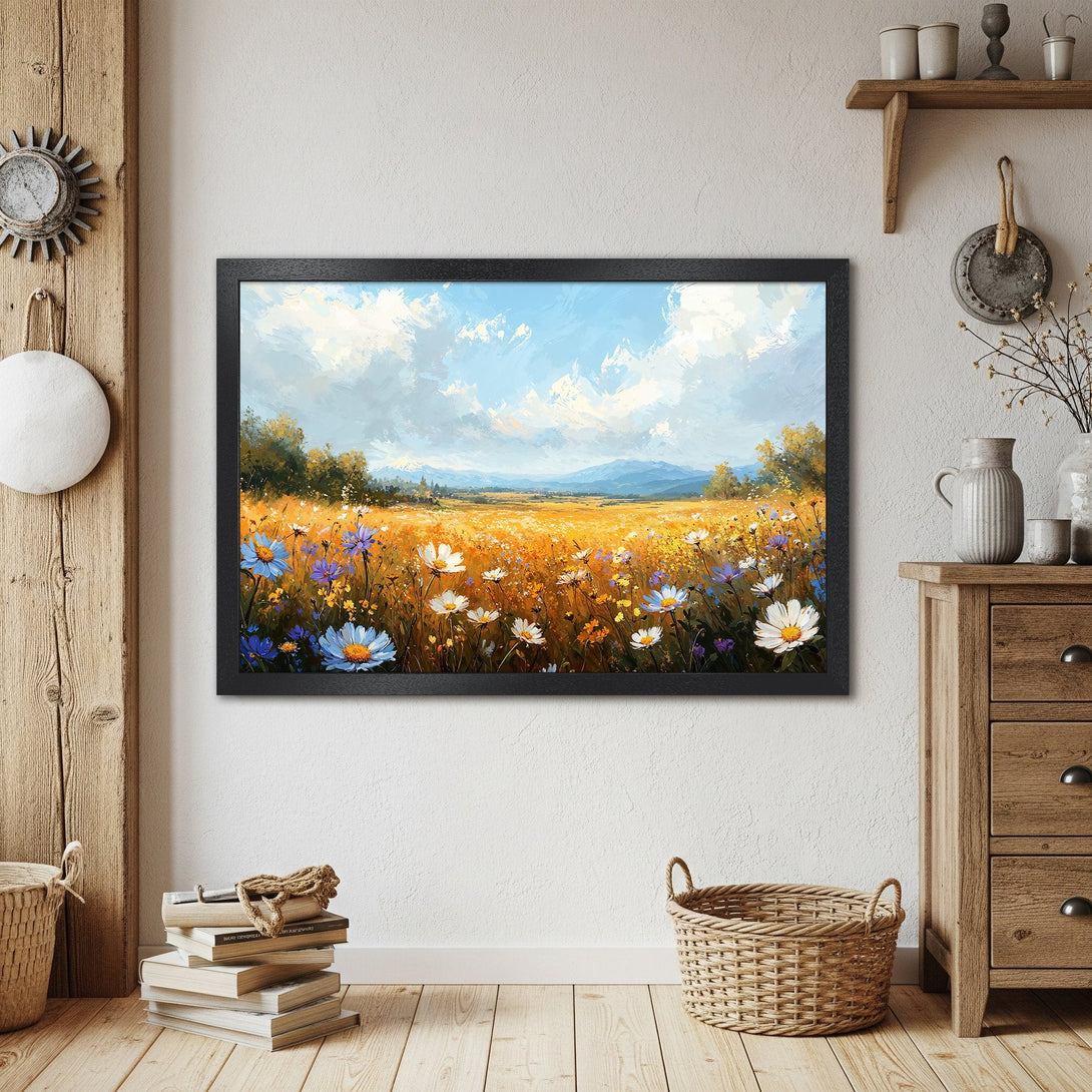 Framed Poster of a vibrant wildflower field painting. Impressionist style, warm yellow, blue, and green color palette.