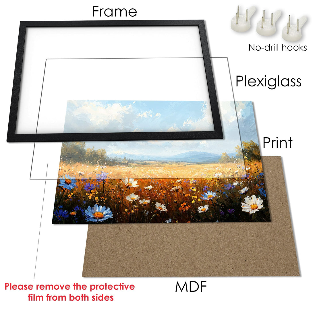 Framed Poster of a vibrant wildflower field, impressionist style, featuring blue, white, and gold hues. Perfect wall art!