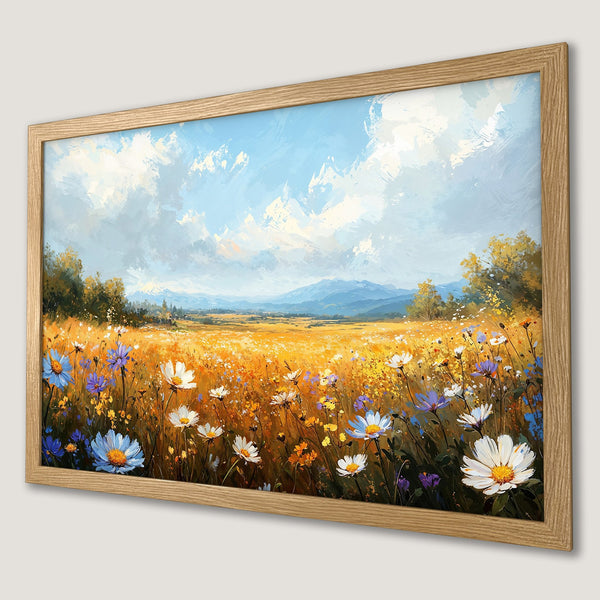 Framed Poster featuring a vibrant wildflower meadow painting in impressionist style with a warm color palette.