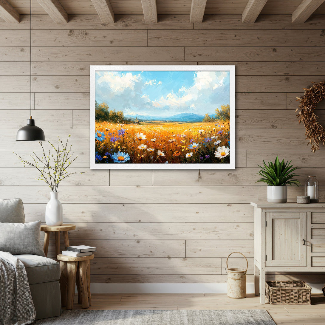 Framed Poster of a vibrant field of flowers. Impressionistic style with a warm, natural color palette. Perfect wall art for any space.