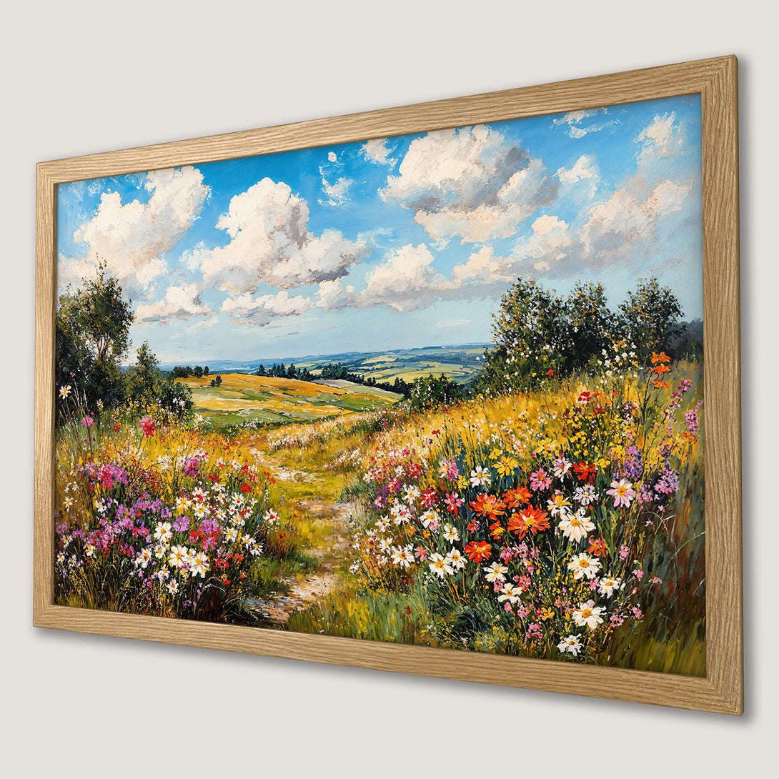 Framed Poster of a vibrant landscape painting. Featuring a colorful meadow, blue sky, and impressionistic style. Perfect wall art!