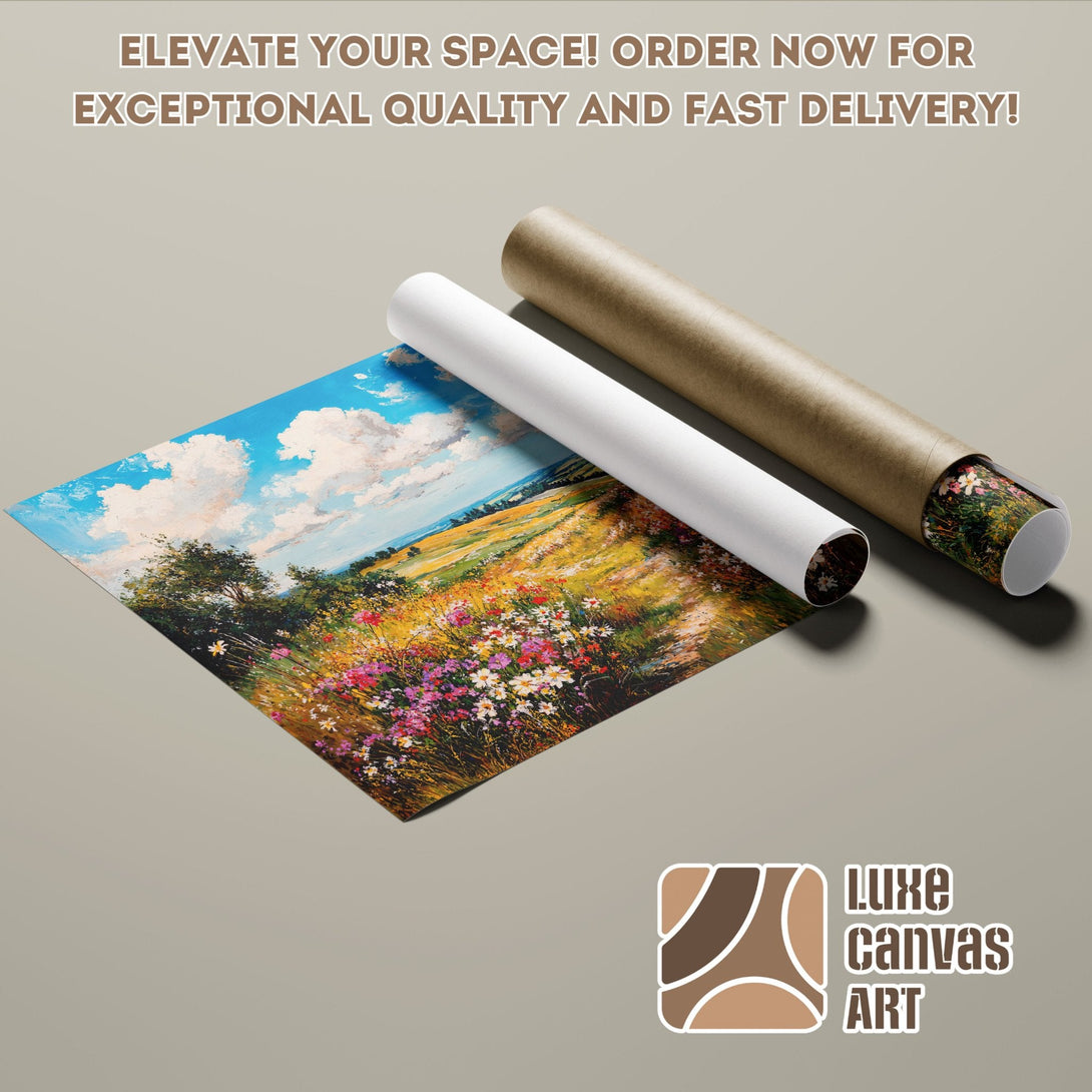 Poster Roll of a vibrant landscape painting with blue sky, colorful flowers, and a warm color palette. Elevate your space!