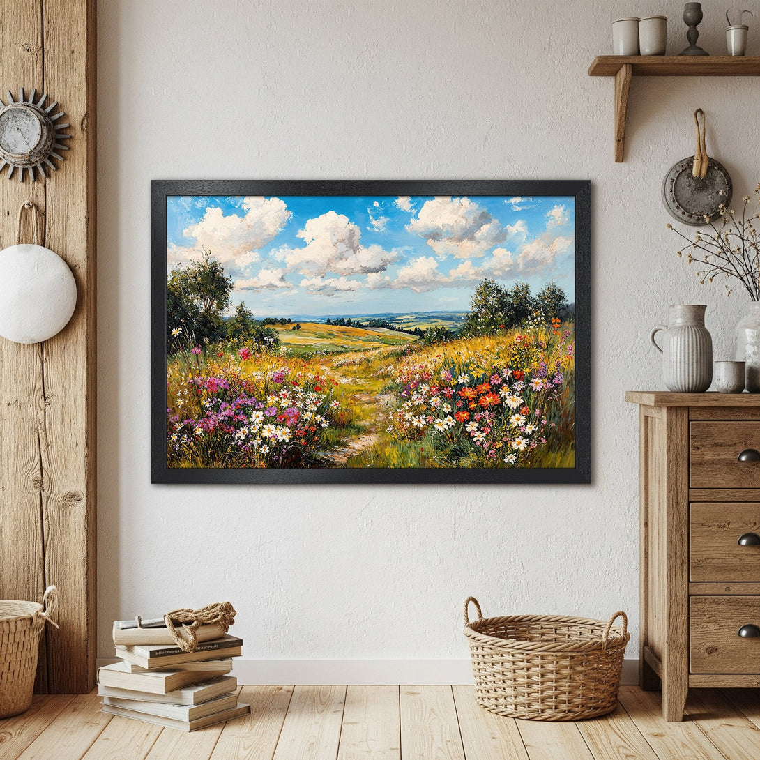 Framed Poster of a vibrant landscape painting with wildflowers, blue sky, and a warm color palette. Perfect wall art!