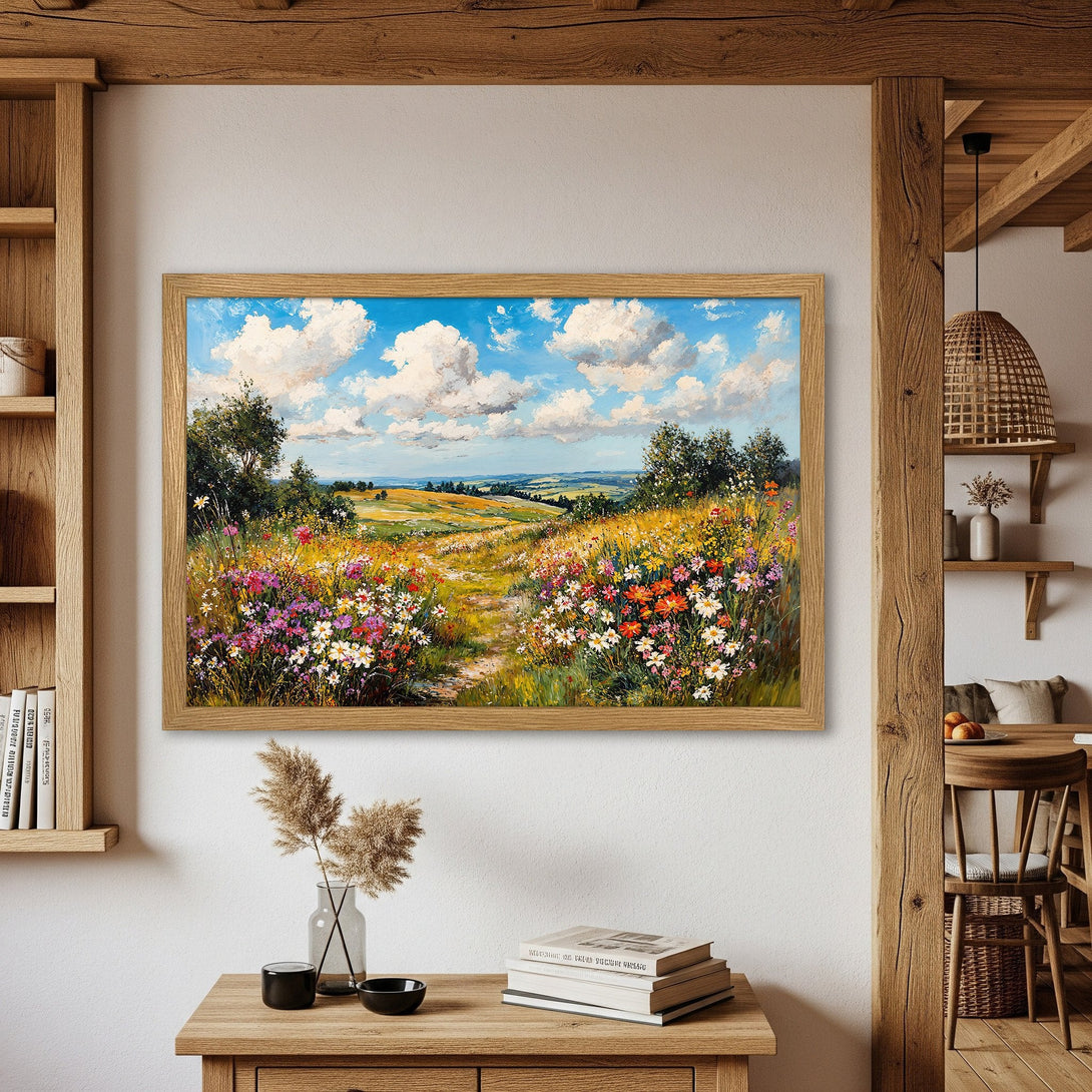 Framed Poster of a vibrant meadow landscape painting. Impressionistic style, featuring a blue sky and colorful wildflowers. Perfect wall art!