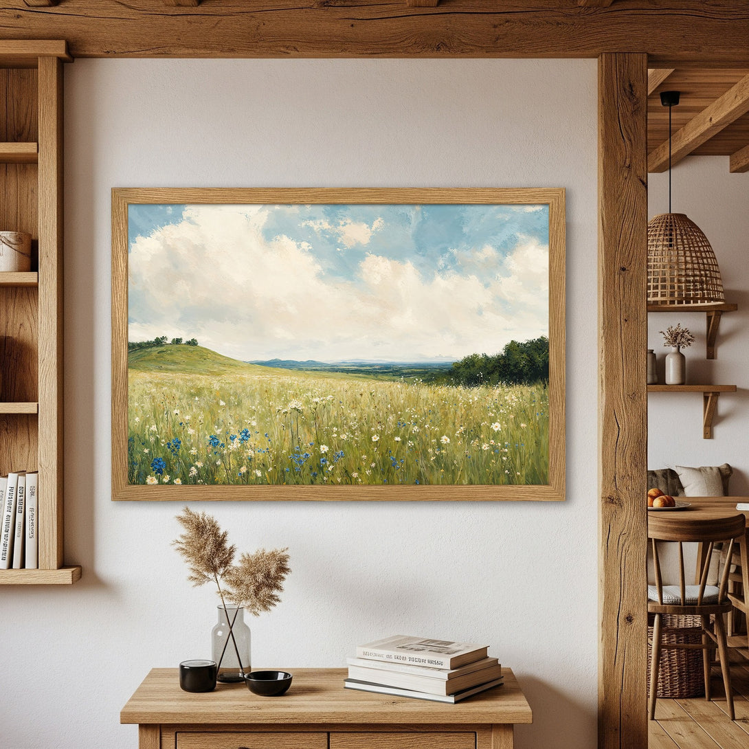 Framed Poster of a serene meadow landscape in a rustic style, featuring a calming blue, green, and beige color palette.