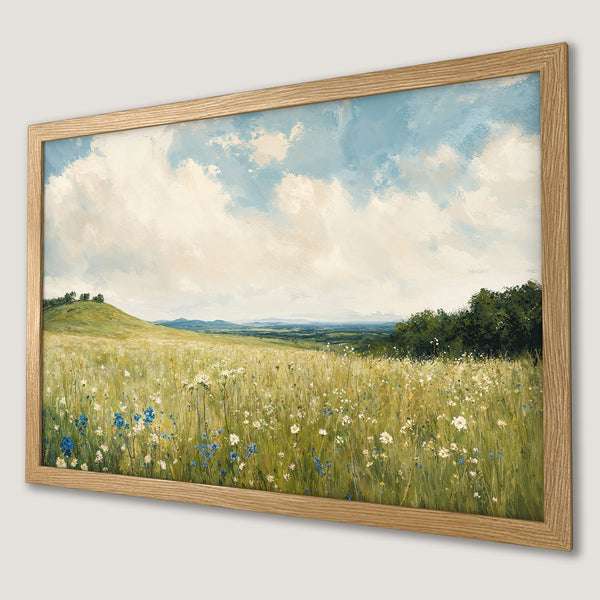Framed Poster of a serene meadow landscape painting in a natural color palette. Perfect wall art for a calming atmosphere.