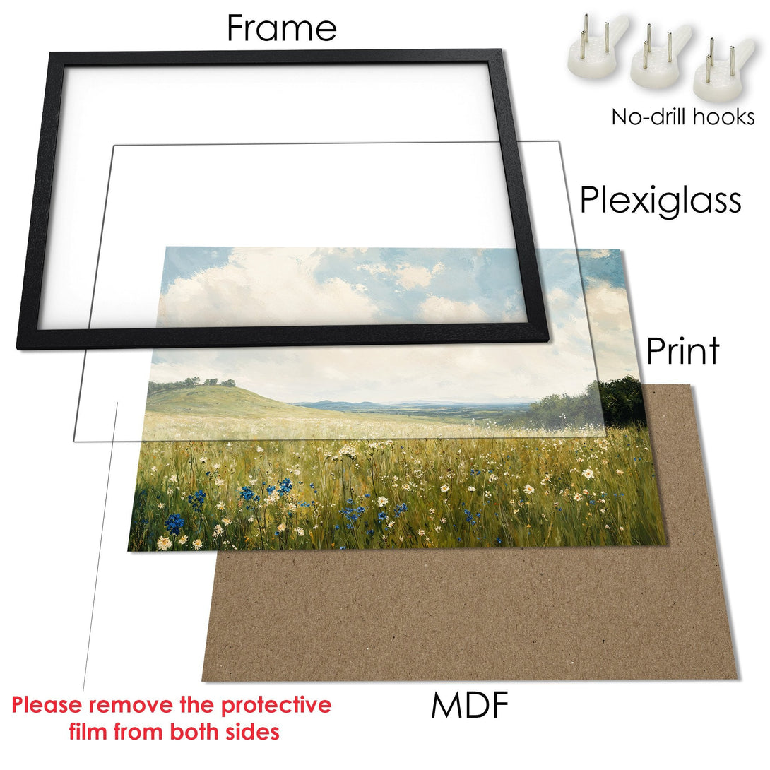 Framed Poster of a serene landscape painting with a blue, green, and beige color palette. Perfect wall art for any room!