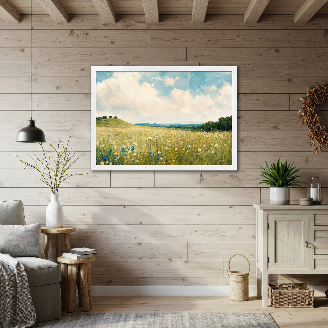 Framed Poster featuring a serene landscape painting with a soft, impressionistic style and a calming palette of blues, greens, and yellows.