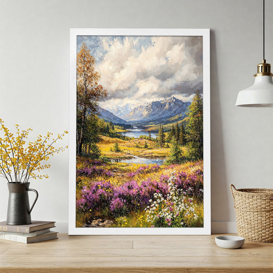 Framed Poster of a scenic landscape painting in a vibrant color palette. Mountain, lake, and flower details. Perfect wall art!