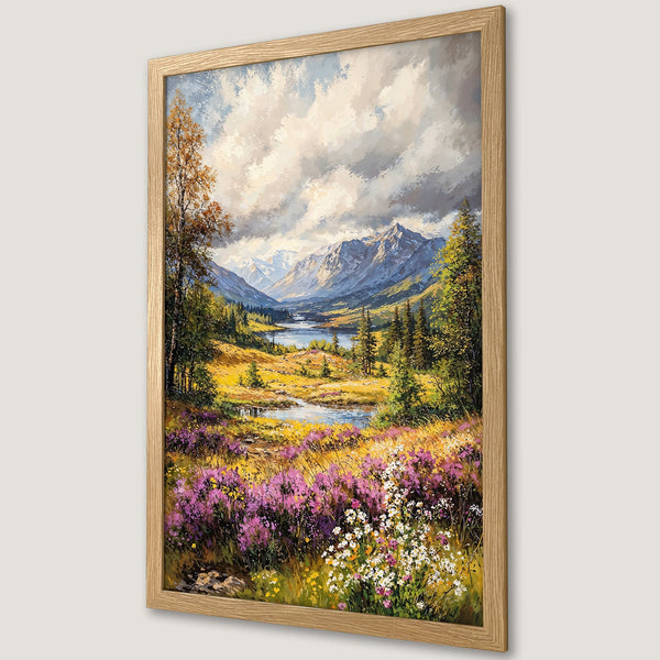 Framed Poster of a vibrant mountain landscape painting. Featuring a colorful palette of purples, yellows, and blues, this art print adds a touch of nature's beauty.