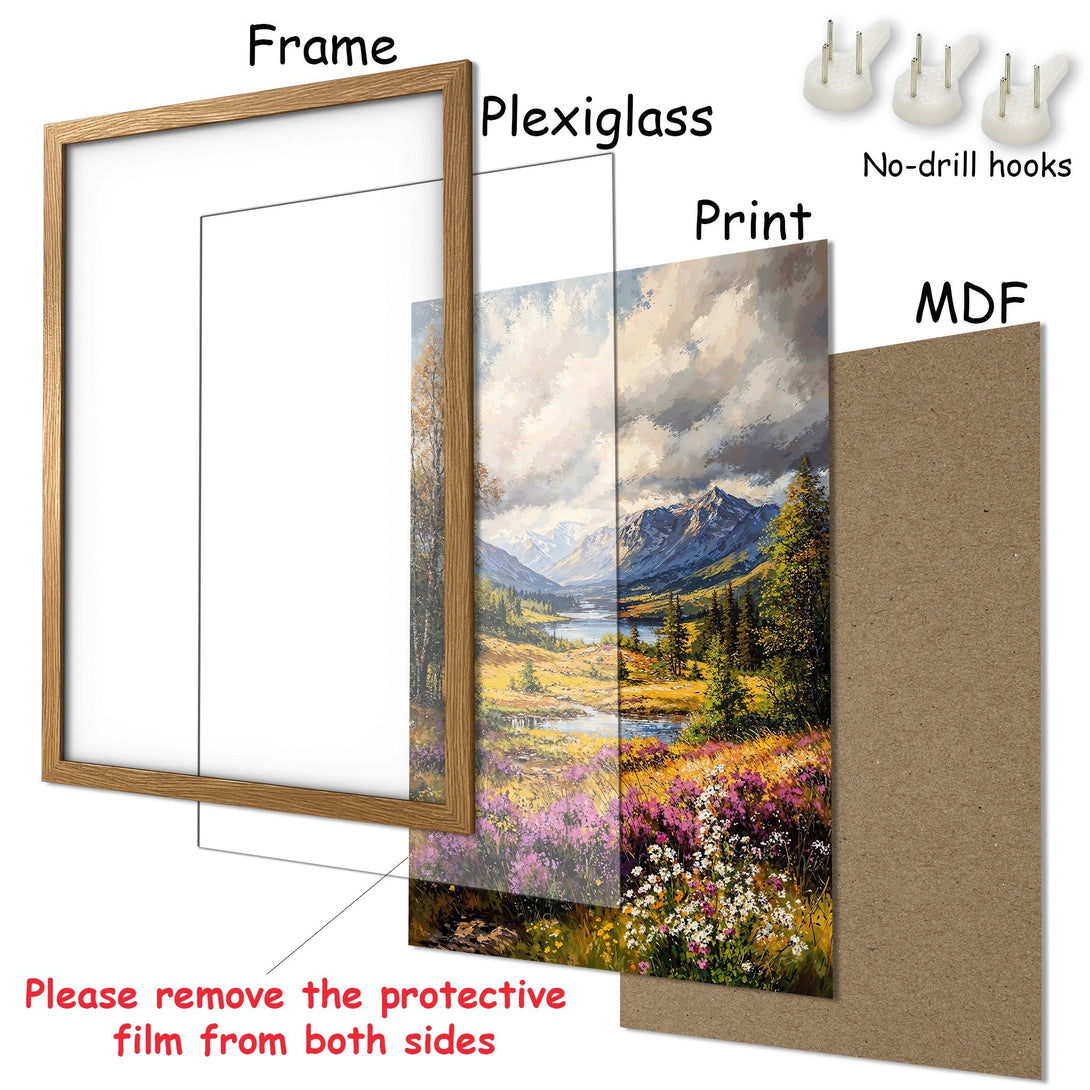 Framed Poster of a scenic landscape painting in a warm color palette. Features mountains, river, and colorful flowers. Perfect wall art!