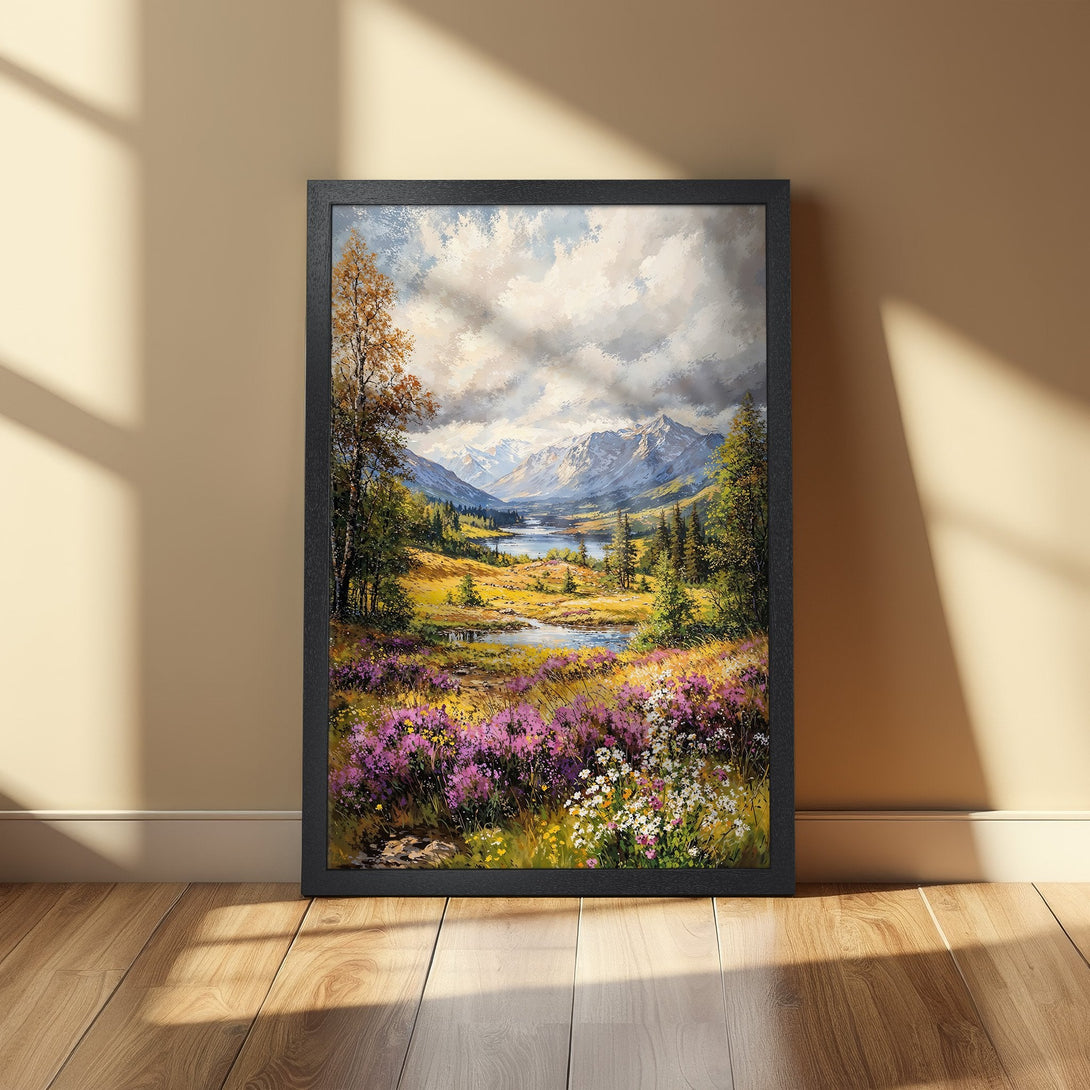 Framed Poster of a serene mountain landscape painting, featuring lush greens, purples, and blues. Perfect wall art for your home decor.