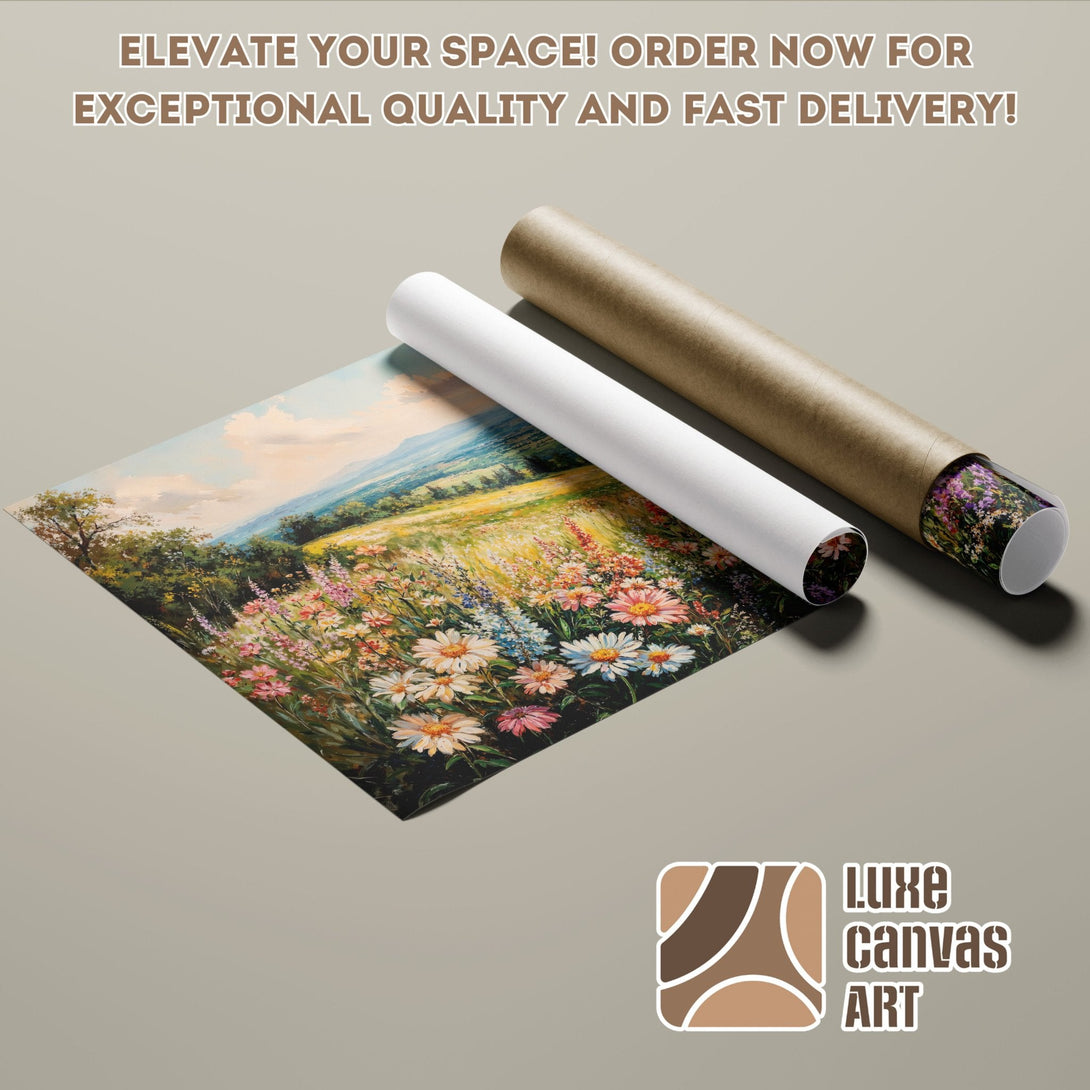 Poster Roll of a vibrant floral landscape painting, warm color palette. Elevate your space today!