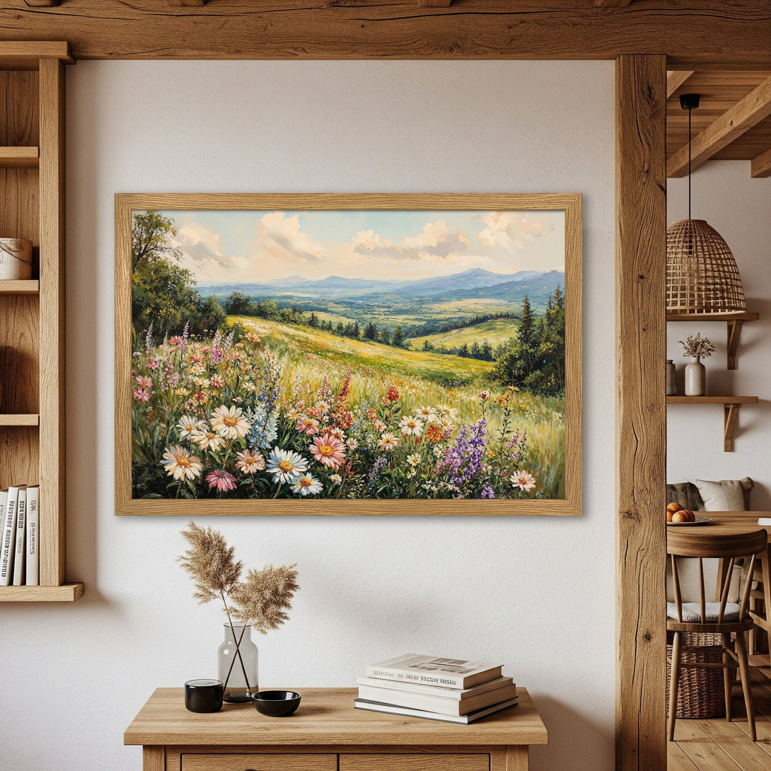 Framed Poster of a vibrant wildflower meadow landscape painting in warm, natural tones. Perfect wall art for a cozy home!