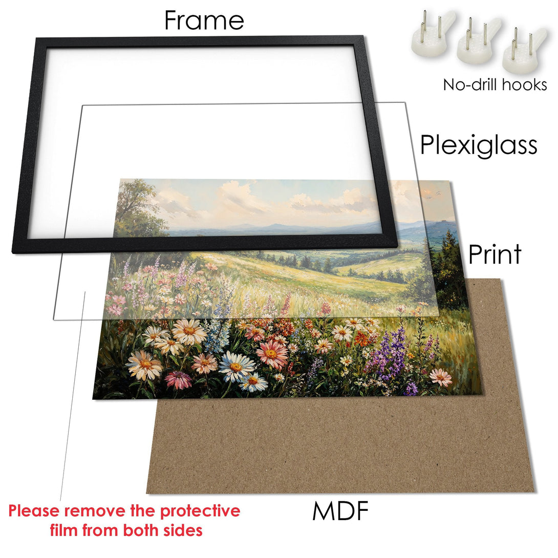 Framed Poster featuring a vibrant floral landscape painting in a warm, natural color palette. Perfect wall art for any room!