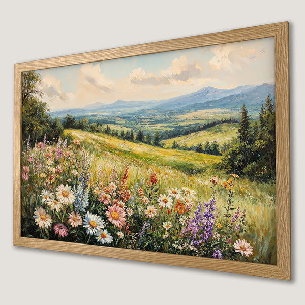 Framed Poster of a vibrant landscape painting, featuring wildflowers and mountains in a natural color palette. Perfect wall art!