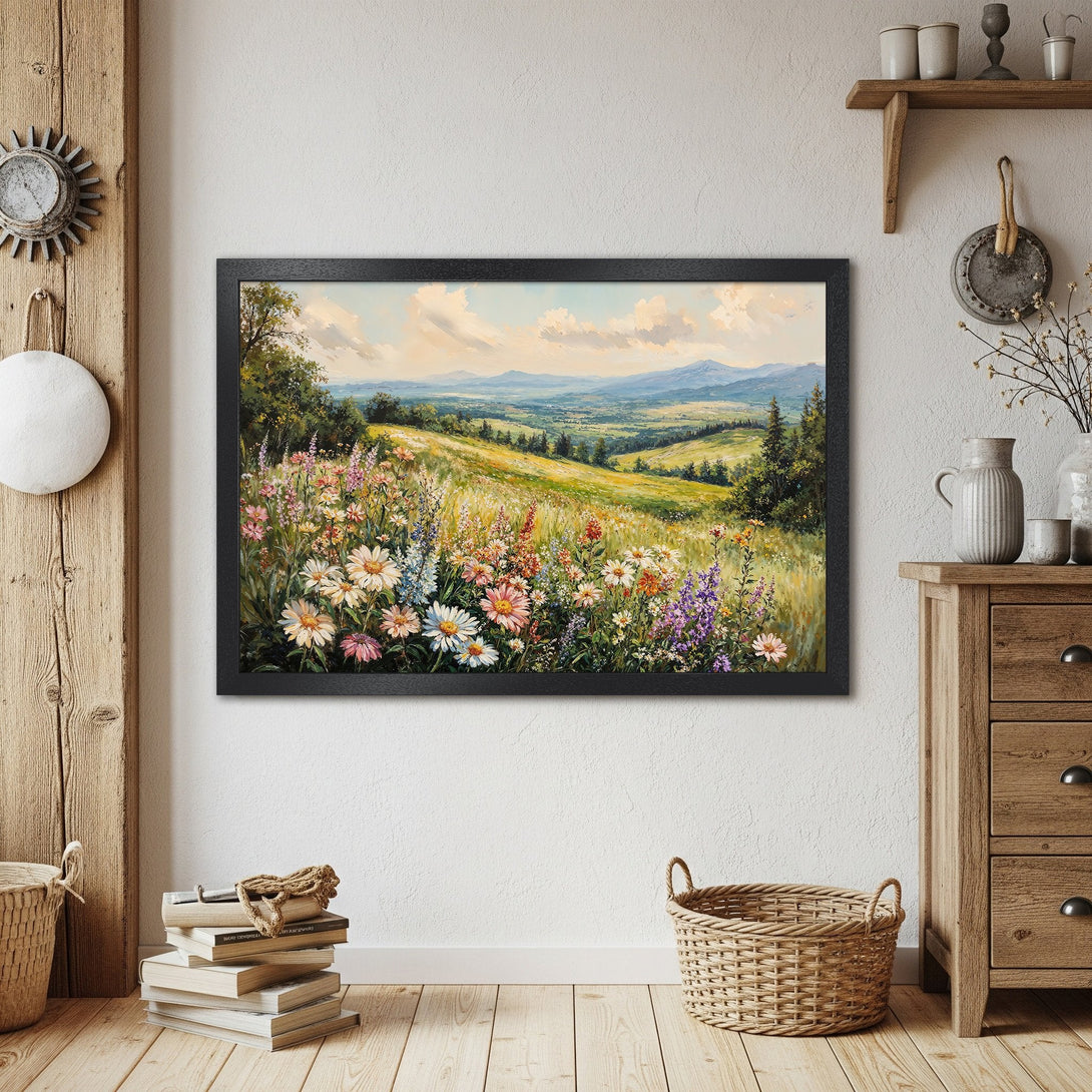 Framed Poster of a vibrant wildflower meadow landscape, warm colors, perfect for rustic decor.