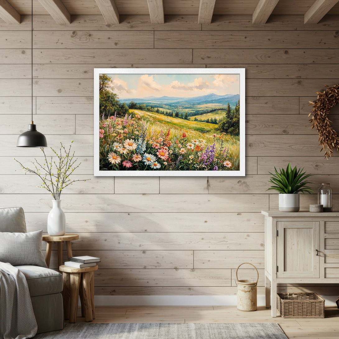 Framed Poster of a vibrant meadow landscape painting, featuring colorful wildflowers and a serene mountain backdrop. Warm, inviting color palette.