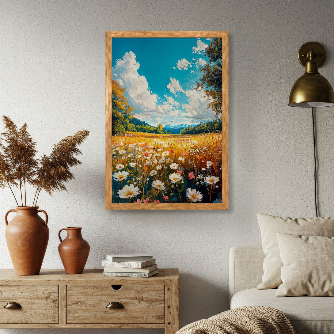 Framed Poster featuring a vibrant meadow scene with a blue sky and warm color palette, perfect for home decor.