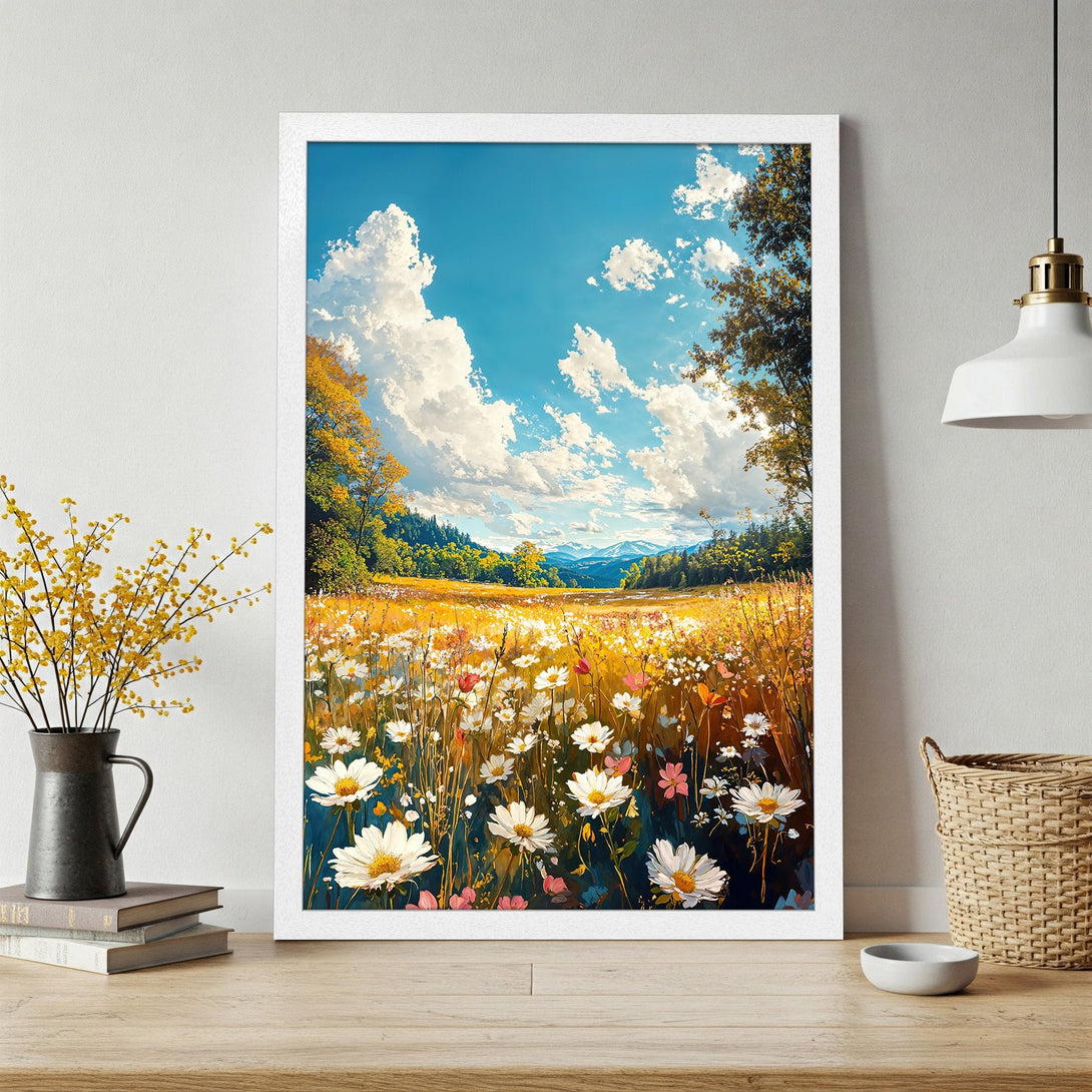 Framed Poster of a vibrant meadow scene with daisies, blue sky, and mountains. Impressionistic style, warm color palette. Perfect wall art!