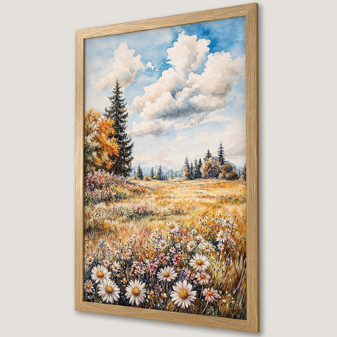 Framed Poster of a watercolor landscape with a field of flowers, trees, and a blue sky. Warm, earthy tones create a serene atmosphere.