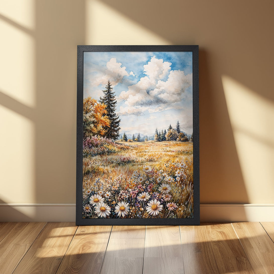 Framed Poster of a watercolor landscape with a field of flowers, trees, and blue sky. Warm color palette. Perfect wall art.
