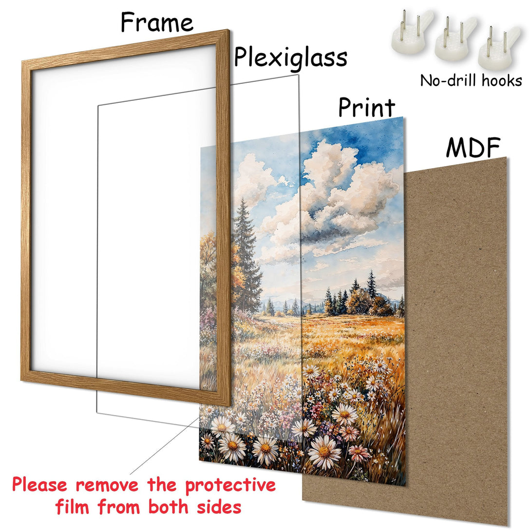 Framed Poster: Watercolor landscape art print. Warm color palette with fields, flowers, and sky. Ready to hang!