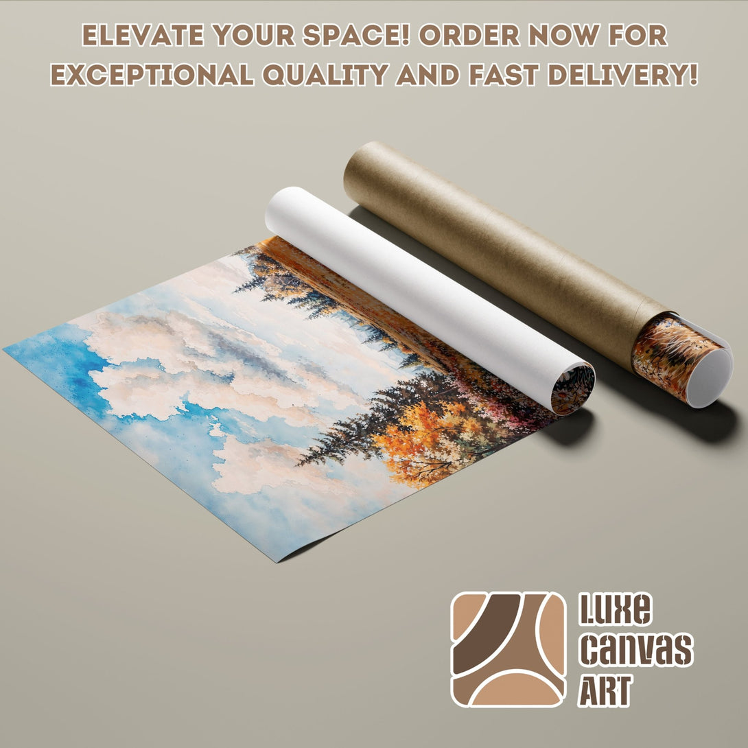 Poster Roll featuring a landscape painting in watercolor style, with blue, orange, and brown tones. Elevate your space!