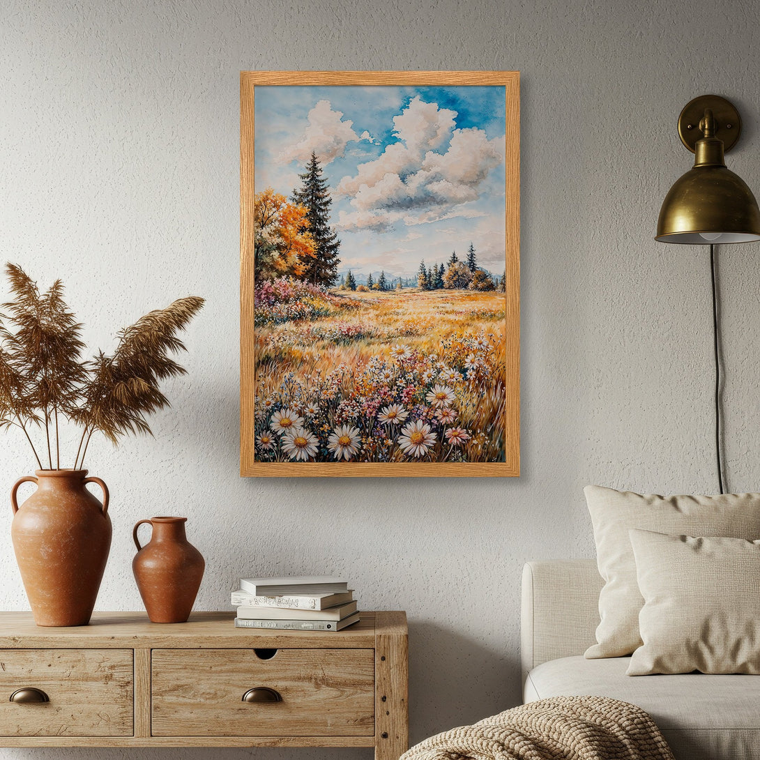 Framed Poster of a serene meadow landscape painting, featuring a warm, natural color palette. Perfect wall art!