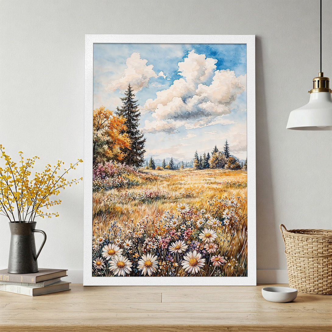 Framed Poster of a watercolor landscape with a field of daisies, warm colors, and a dreamy style. Perfect wall art!