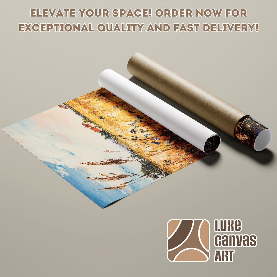 Poster Roll featuring a landscape painting in warm tones. Impressionistic style with a palette of yellows, blues, and browns. Order now!