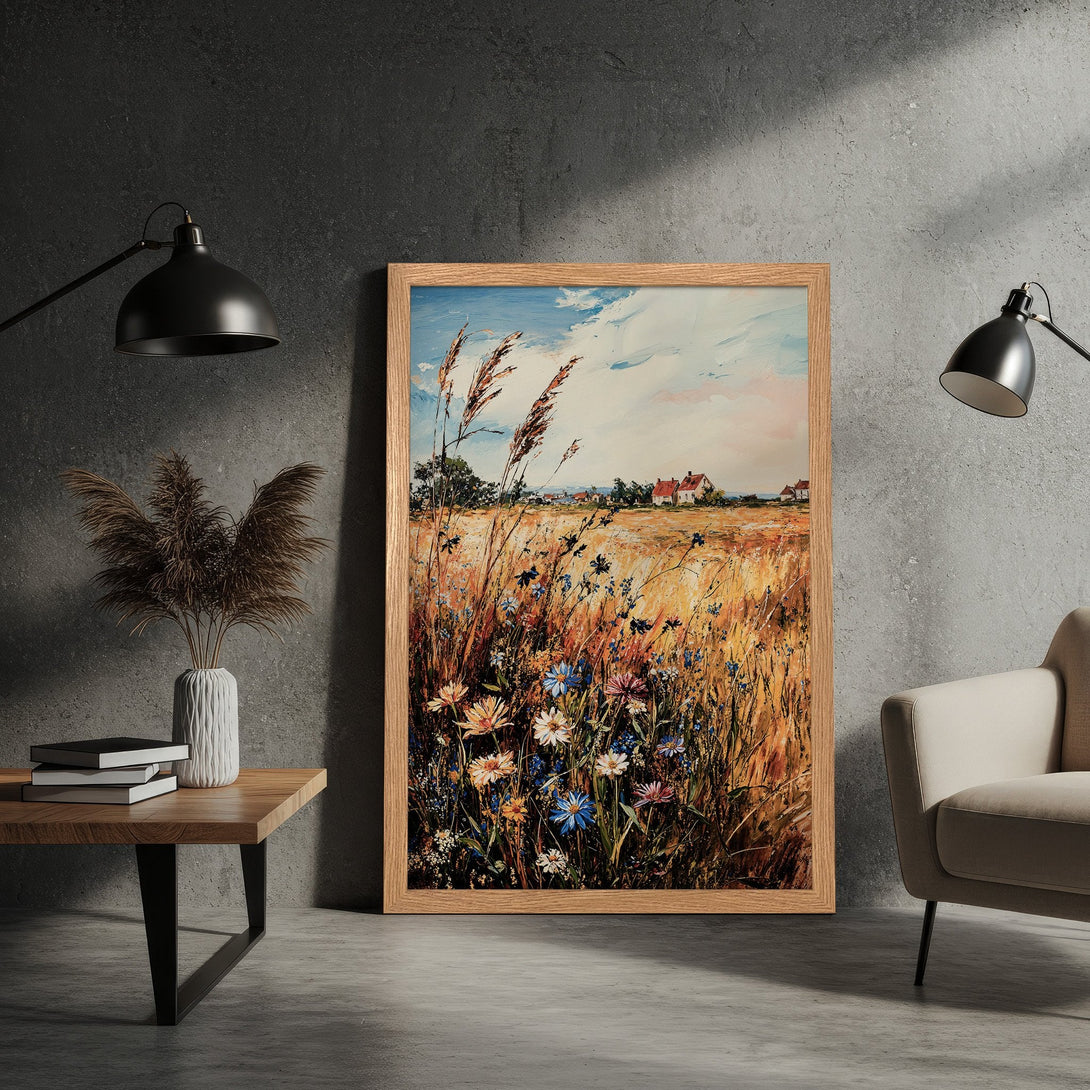 Framed Poster of a vibrant field landscape painting. Warm color palette with blues, yellows, and browns. Rustic art style for home decor.