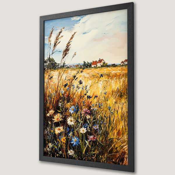 Framed Poster of a vibrant field landscape painting with wildflowers, warm yellow and blue color palette, impressionist style.