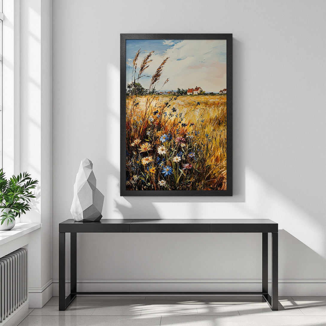 Framed Poster featuring a vibrant field of wildflowers in a warm, inviting color palette. Perfect art for any space.