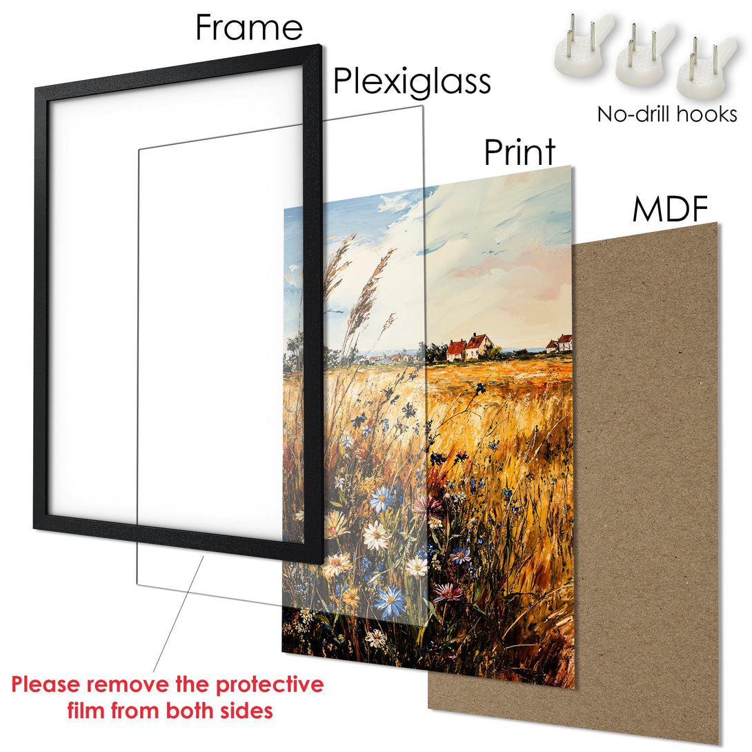 Framed Poster of a landscape painting in warm tones. Featuring a black frame, ready to hang. Add art to your home!