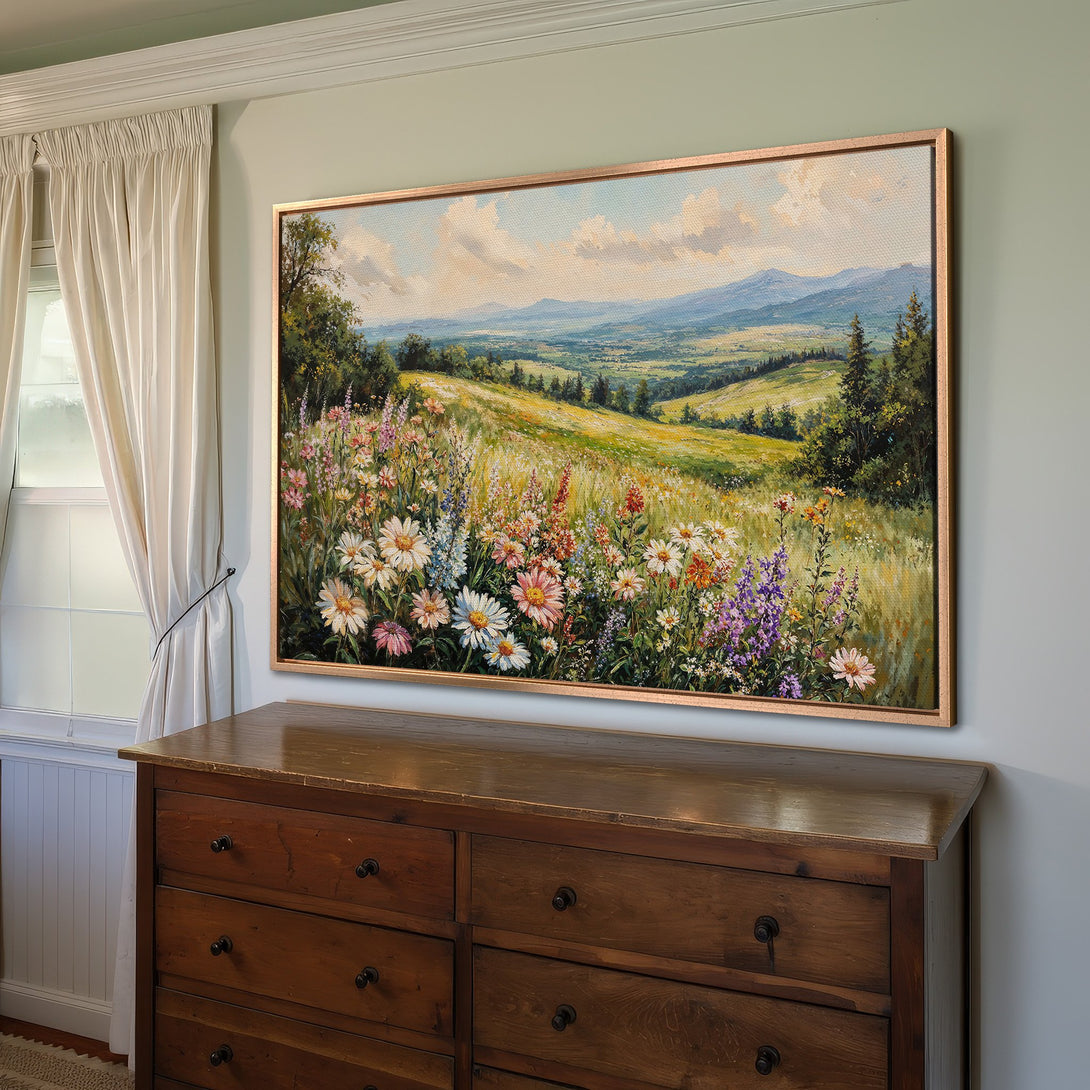 Framed Wall Art: Landscape Canvas Print featuring a vibrant field of wildflowers in a warm, inviting color palette. Perfect for adding a touch of nature's beauty.
