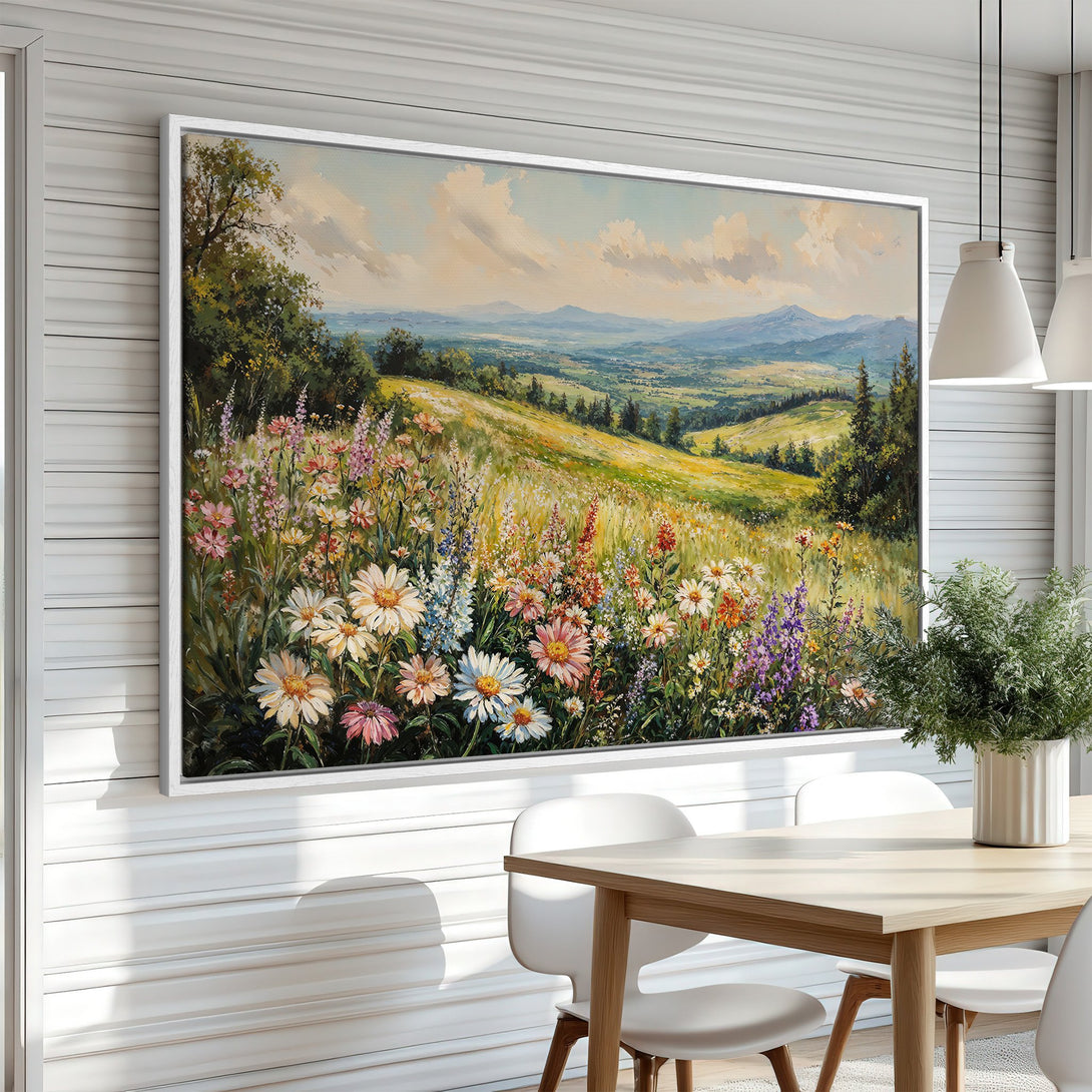 Framed Wall Art: Landscape painting with wildflowers in a vibrant color palette. Rustic style canvas print adds a touch of nature to any room.