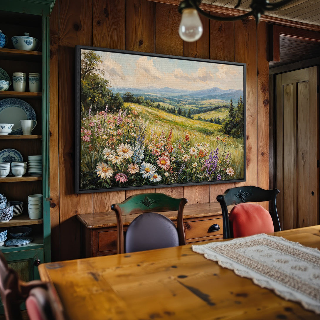 Framed Wall Art Canvas Print of a vibrant floral landscape painting with a natural color palette, perfect for home decor.