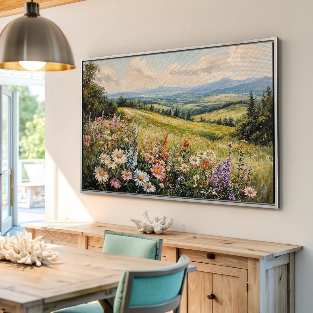Framed Wall Art: Stunning landscape Canvas Print with vibrant wildflowers, rolling hills, and a calming color palette, perfect for any space!