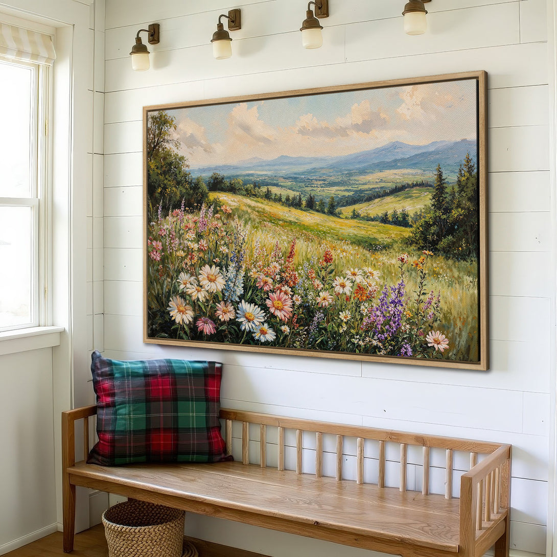 Framed Wall Art: Landscape Canvas Print with wildflowers in a serene, colorful palette. Adds a touch of nature to any space.