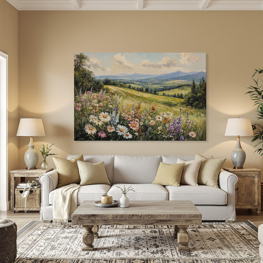 Framed Wall Art: Landscape painting with wildflowers, mountains, and sky in a warm, inviting color palette. Perfect for home decor!