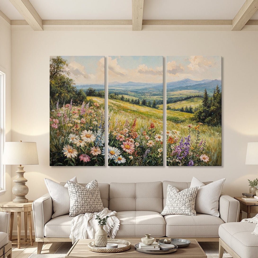 Canvas Print of a vibrant wildflower meadow landscape painting in a warm, inviting interior. Features a colorful palette with blues, greens, and yellows.