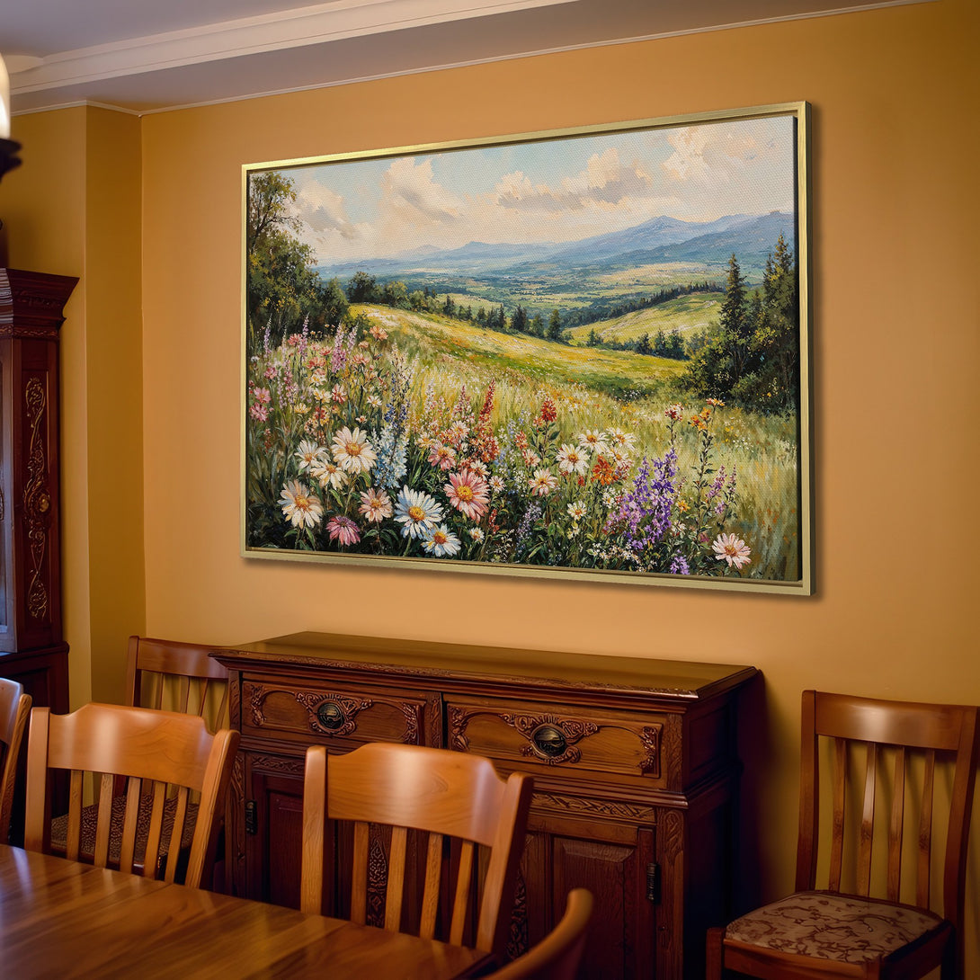 Canvas Print of a vibrant wildflower meadow landscape painting. Warm, inviting color palette. Perfect for adding a touch of nature to your home.