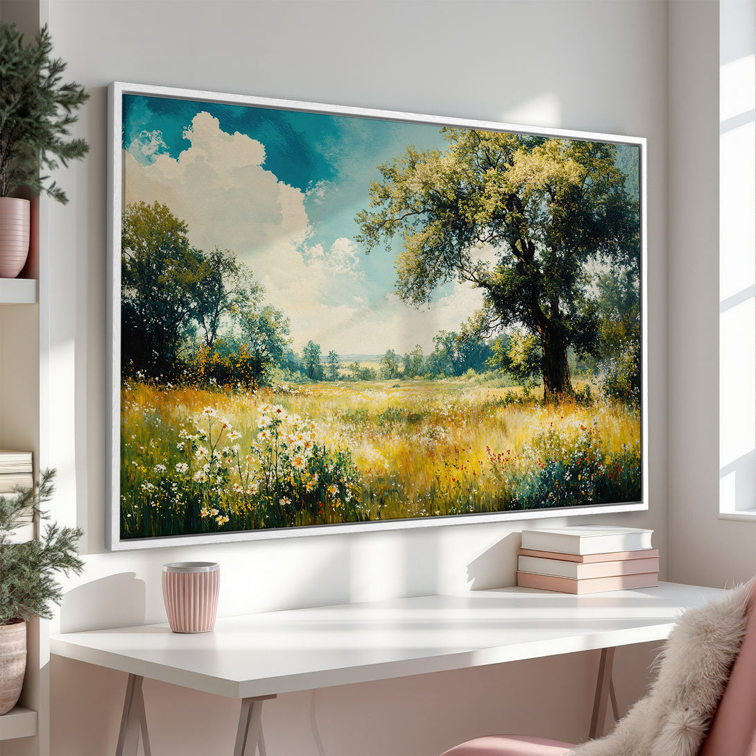 Framed Wall Art: Impressionist landscape Canvas Print with a meadow scene in soft blues, greens, and yellows. Perfect for adding a touch of nature.