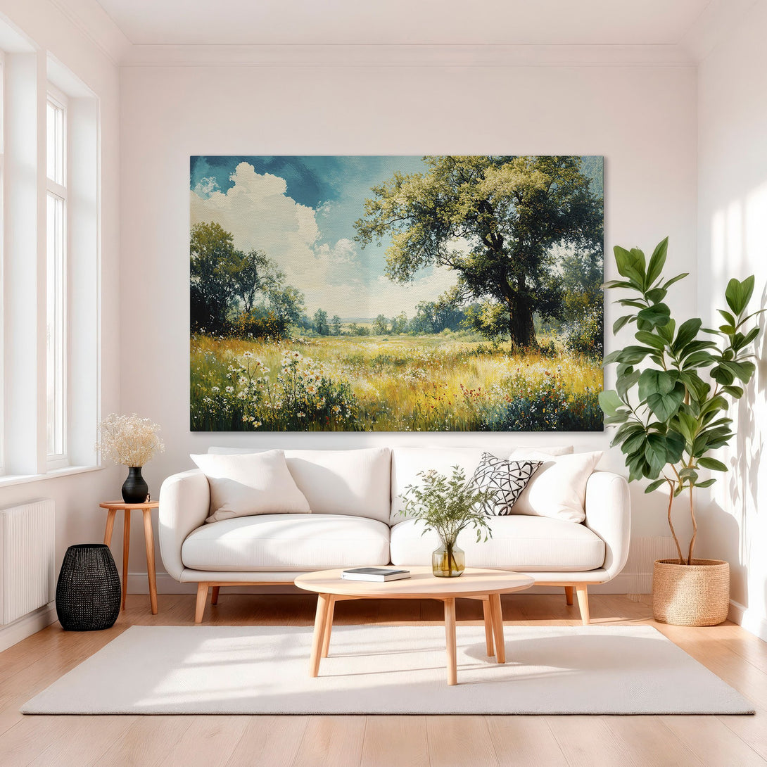 Framed Wall Art: Landscape Canvas Print with golden hues, showcasing a serene meadow scene. Perfect for adding elegance to any living space.