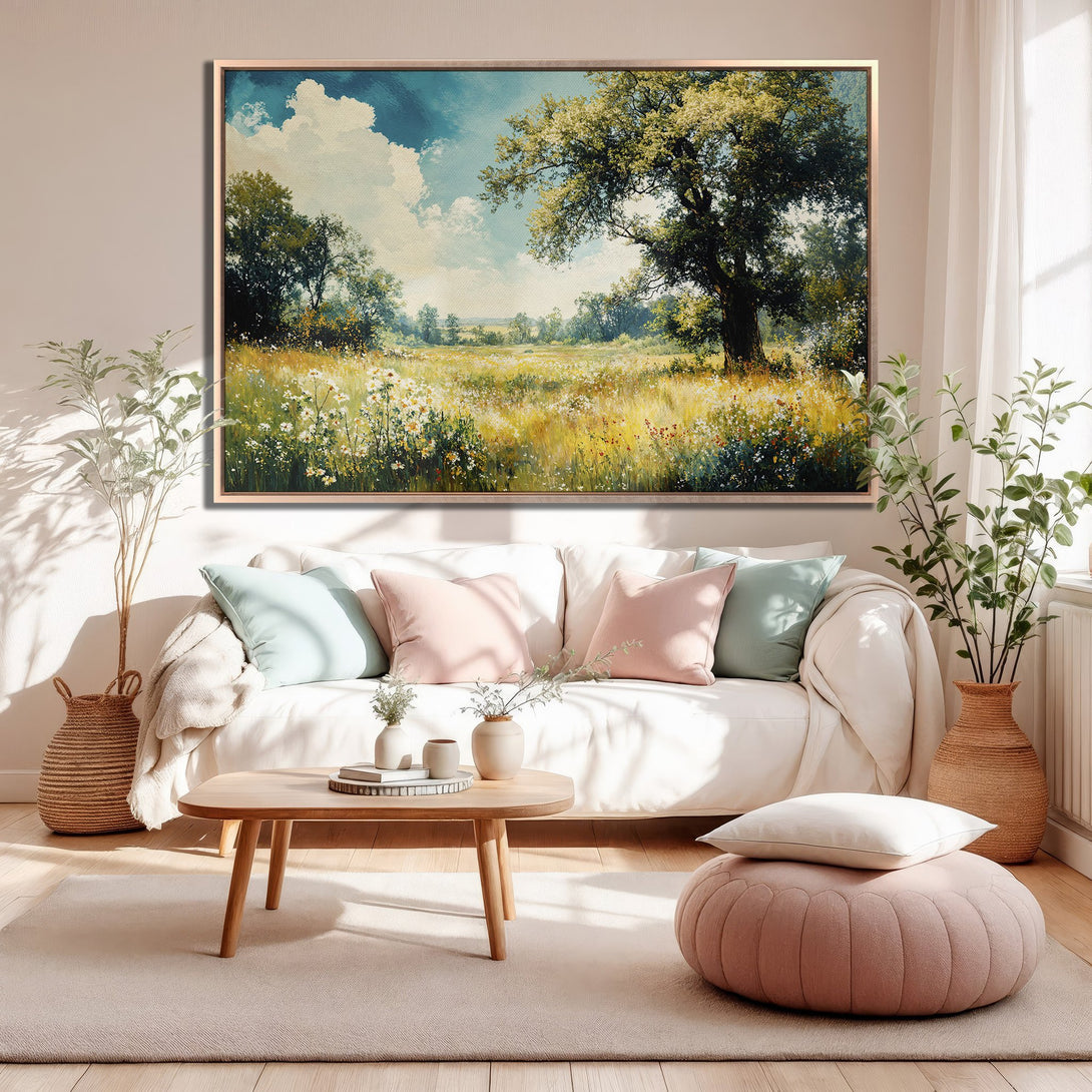 Framed Wall Art: Landscape Canvas Print with a serene meadow scene in soft green, yellow, and blue tones, perfect for adding a touch of nature.