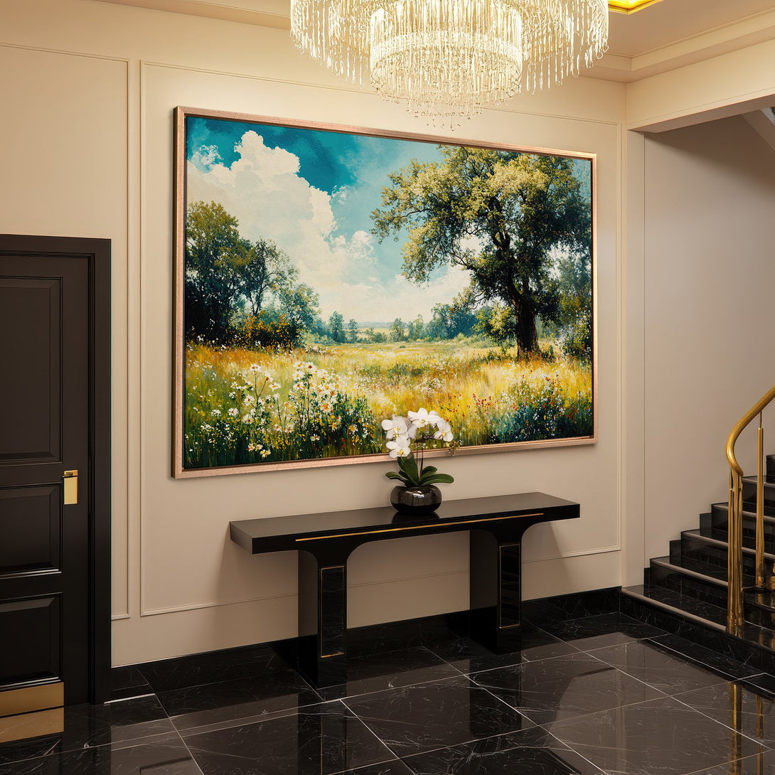 Framed Wall Art: Landscape Canvas Print. Serene meadow scene with blues, greens, and yellows. Perfect for adding a touch of nature to your home decor.